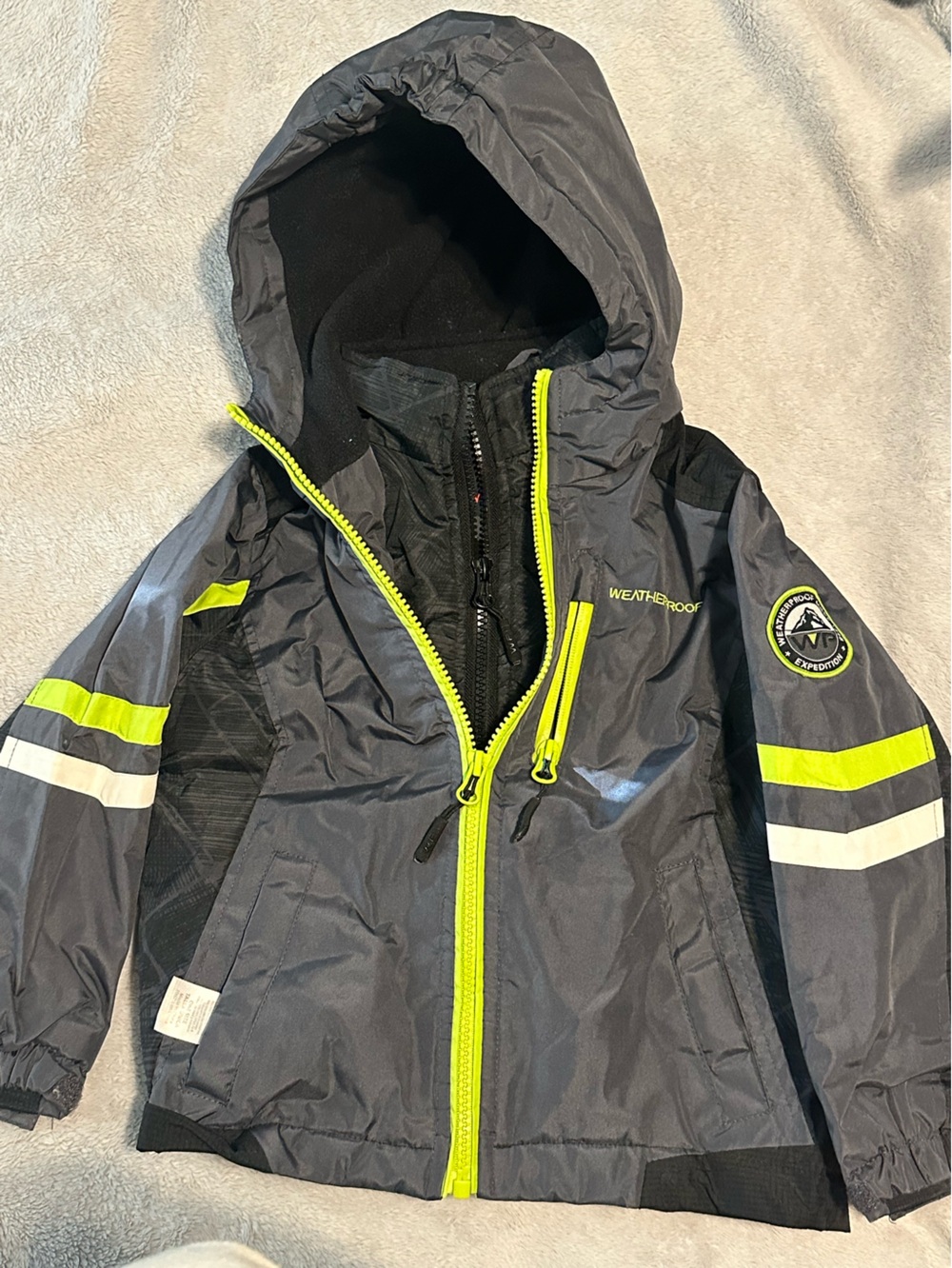 Weatherproof Gray and Neon Yellow Kids Rain Jacket with Hood